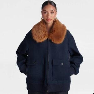 KBB by KAHLANA Women's 'The Faux Fur Collar Bomber' - Navy Blue/Teddy Brown